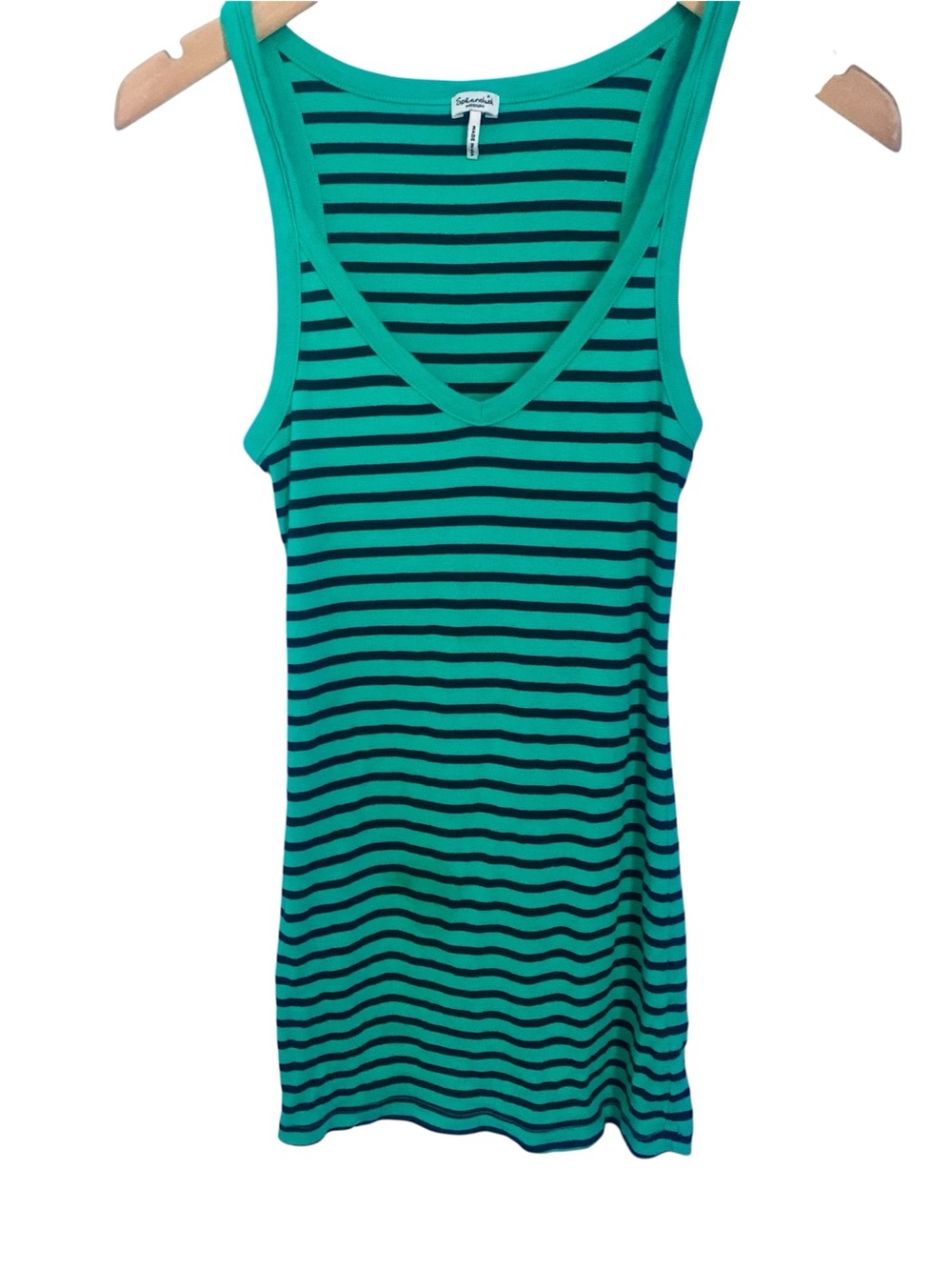 VTG Y2K Splendid Green Blue Stripe Ribbed Fitted V Neck Tank Top Size M